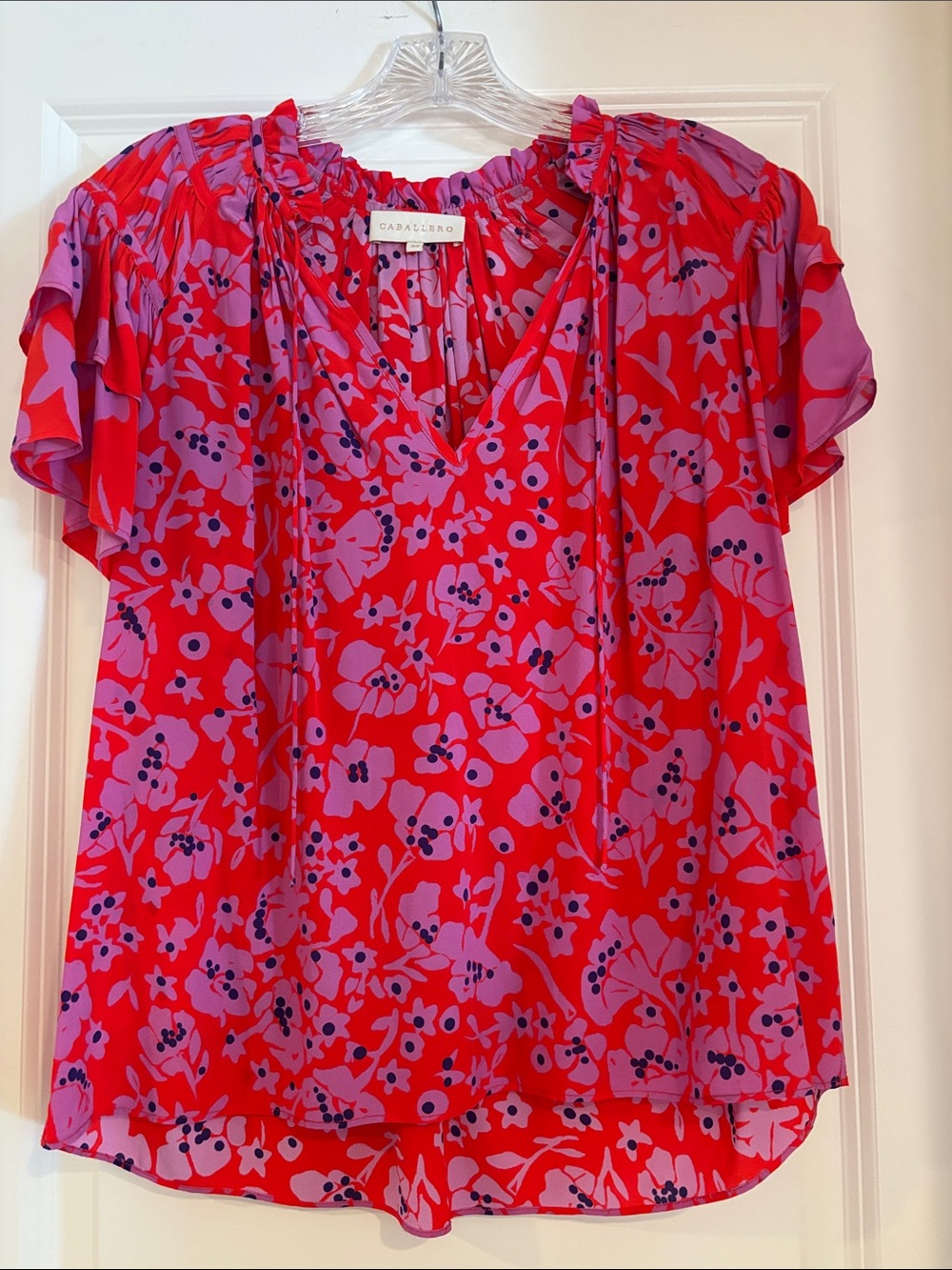 Caballero Red Floral V-Neck Ruffle Sleeve Blouse
